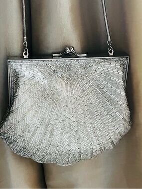 Silver Beaded Shell Evening Bag - Designer Style